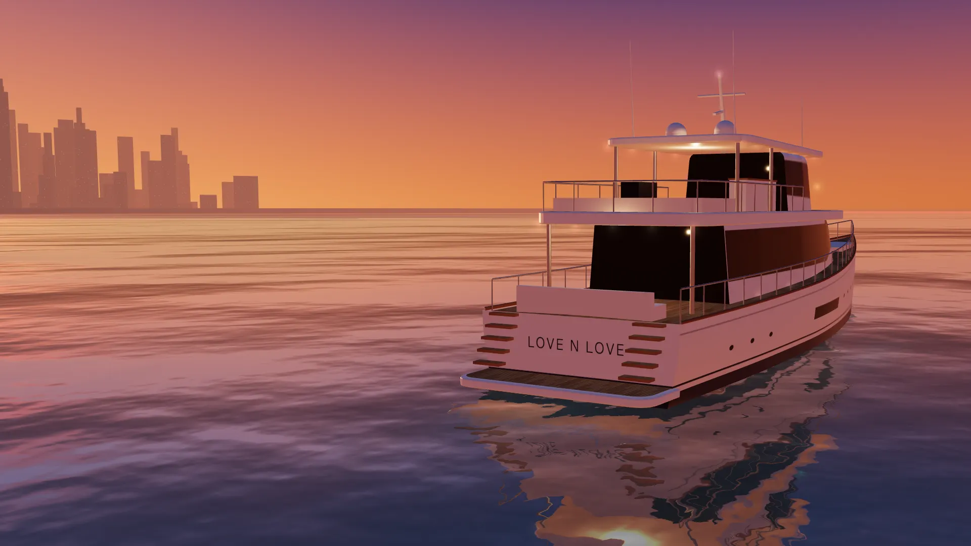 The stern of the yacht at sunset, the sun dropping behind the city.