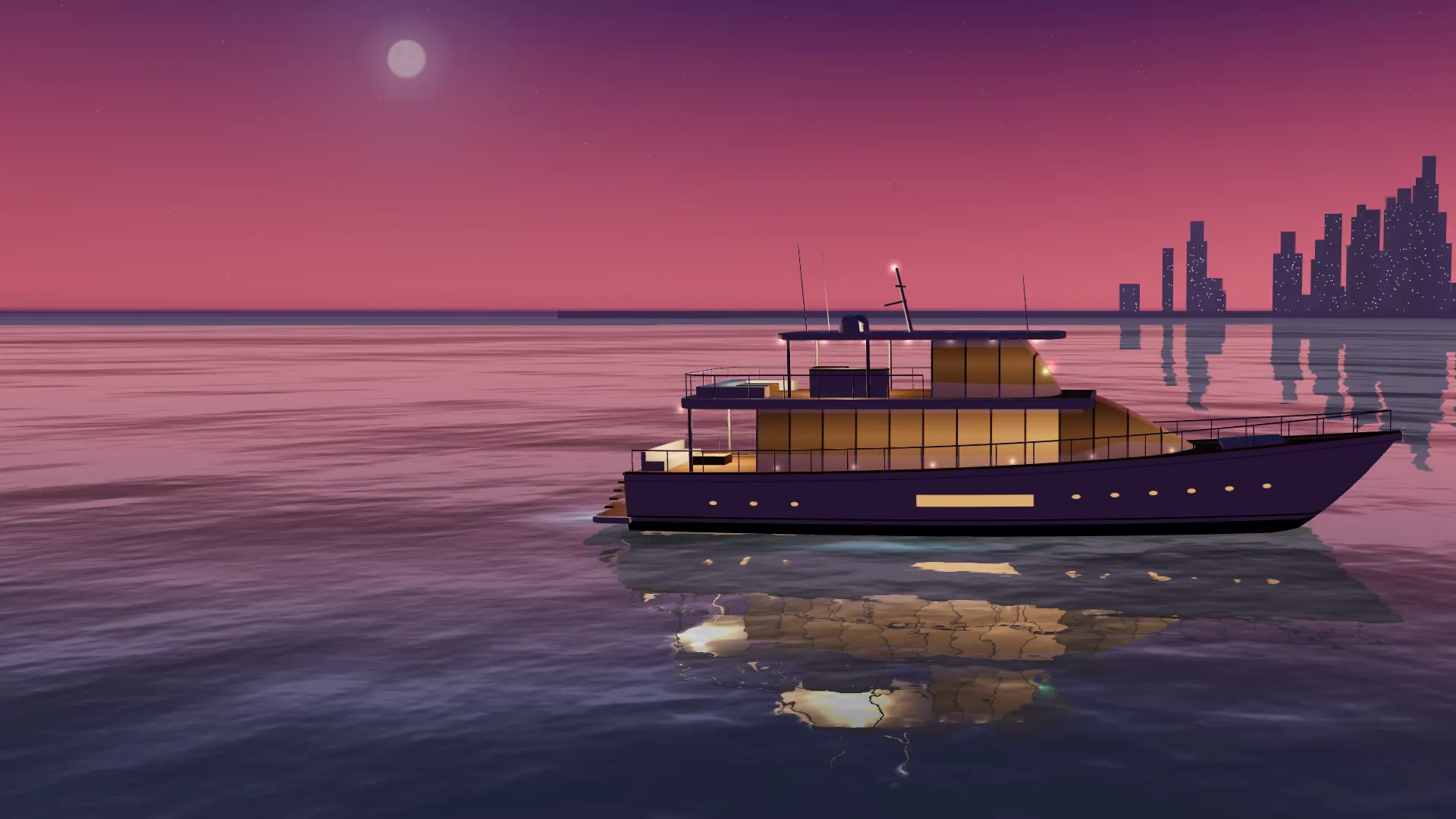 The yacht at dusk under a violet sky, deck lights coming on.