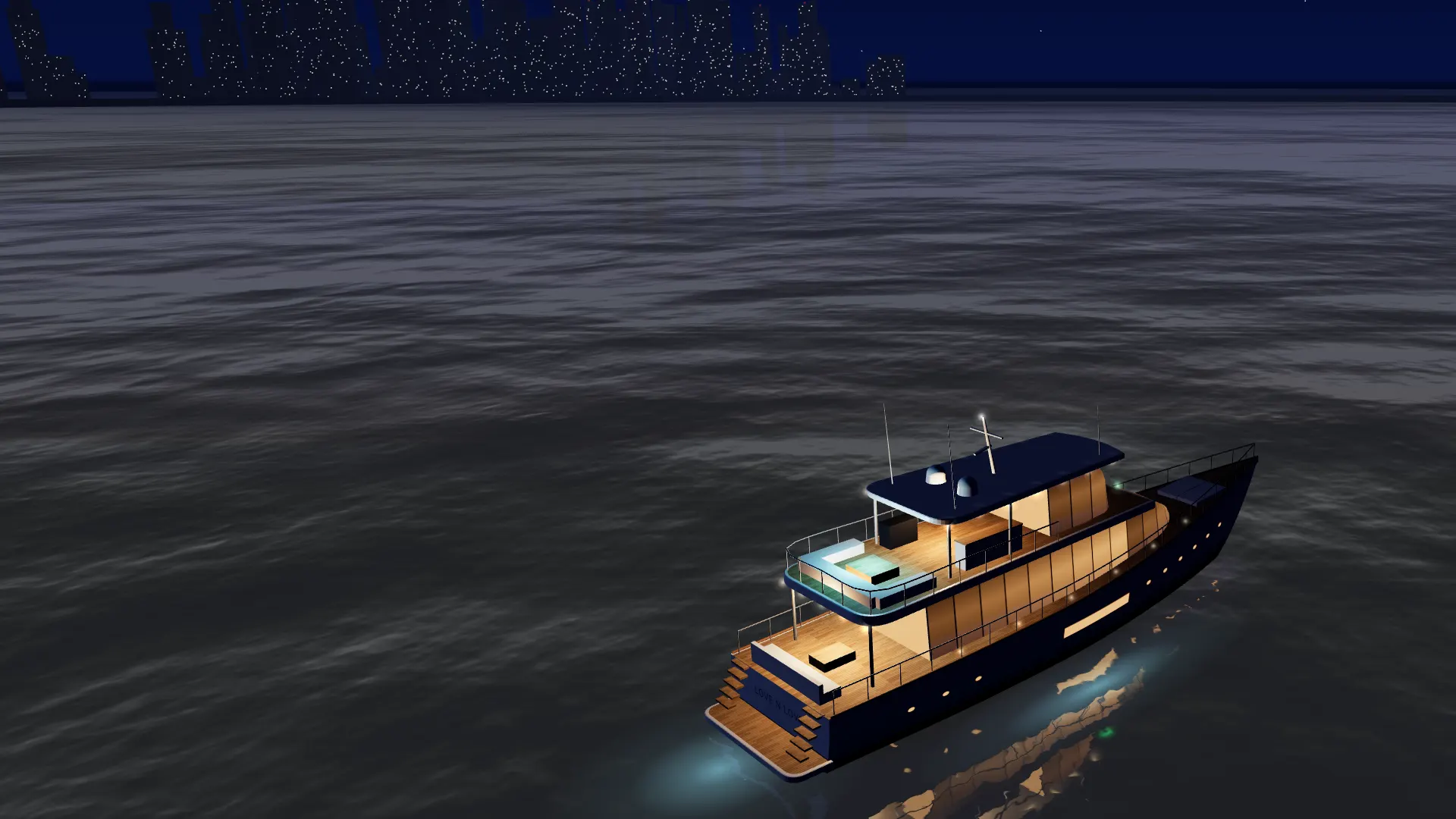 The yacht at night from above, decks lit and glowing water around the hull.