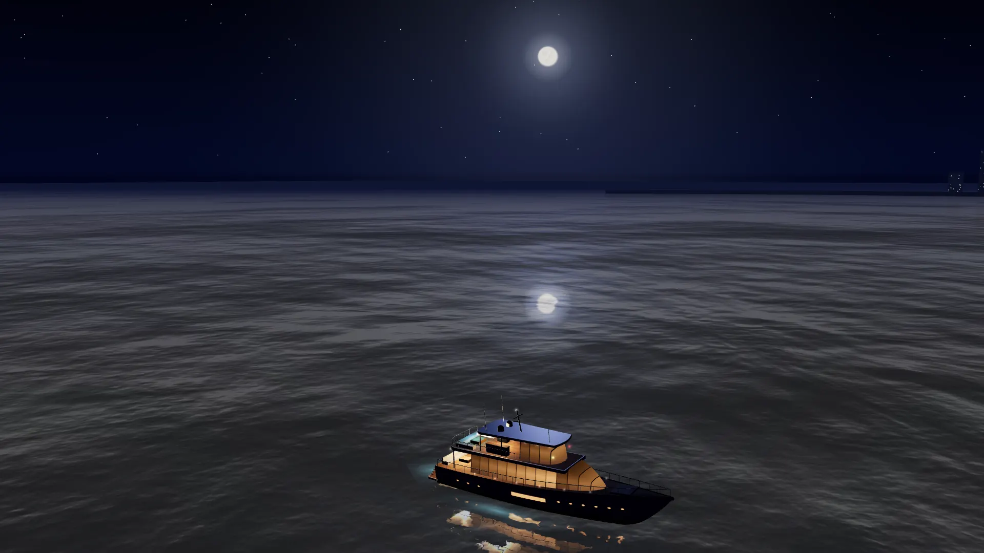 The yacht seen from high above, a single lit boat on dark water under the moon.
